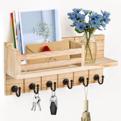 JF HOME BLISS Key Holder for Wall with 6 Hooks & Mail Shelf Rustic Wooden Key Rack Wall Mounted Entryway Organizer for Keys Mail Sunglasses for Hallway Kitchen Office Bedroom Wood (1/5)
