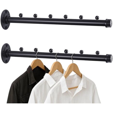 JF HOME BLISS 2Pcs 14.17" Industrial Pipe Clothes Rack Heavy Duty Wall Mounted Garment Hanging Rail with Base Vintage Matte Black Steel Rod for Bedroom Closet Laundry Room