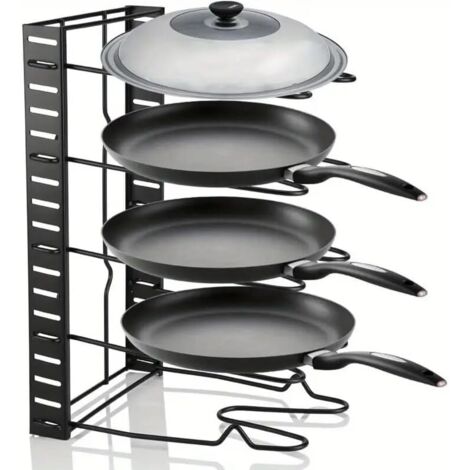 Kingsaid 5-Tier Adjustable Wall-Mounted Cookware Organizer Rack - Black Stainless Steel Space-Saving Pan & Lid Storage Shelf for Kitchen, Holds 5 Pans Vertically/4 Horizontally, 43x20.5x40cm, Kitchen 