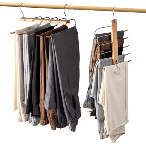 Youyijia 5-Layer Trouser Hangers Space Saving 2-Pack Multi-Functional Wardrobe Organizers Non-Slip Pants Hangers Closet Organizers for Jeans Clothes Scarves and Towels (Natural) (1/5)