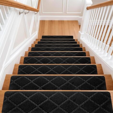 Youyijia 15PCS Anti-Slip Stair Tread Pads - 65x20cm Carpet Stair Treads Mats Self Reused Step Protectors Cover Mat for Kids Elders Pets Stair Carpet Tiles Black (Black 2)