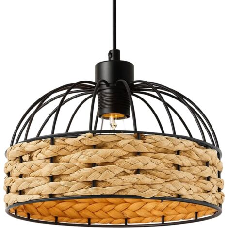 M.J COMFY-LIFE Large Metal Light Shade Modern Retro Boho Rattan Style Weave Jute Rope Lampshade, Black Frame for Living Room Bedroom Kitchen Ceiling Lights (Black, 25cm)
