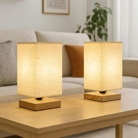 Youyijia Square Table Lamp for Bedroom Set of 2 Compact Minimalist Bedside Lamp with Fabric Shade, On/Off Switch and Natural Wood Base (Warm Light Bulb Included) (1/5)