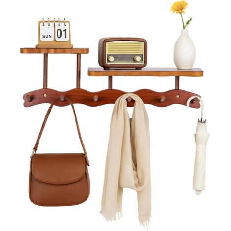 M.J COMFY-LIFE Wall-Mounted Elegant Wavy Coat Rack with 2 Shelves, 52cm Large Bamboo Hanger with 6 Heavy-Duty Hooks Includes Installation Kit for Living Room, Bedroom, Study (Brown) (1/5)