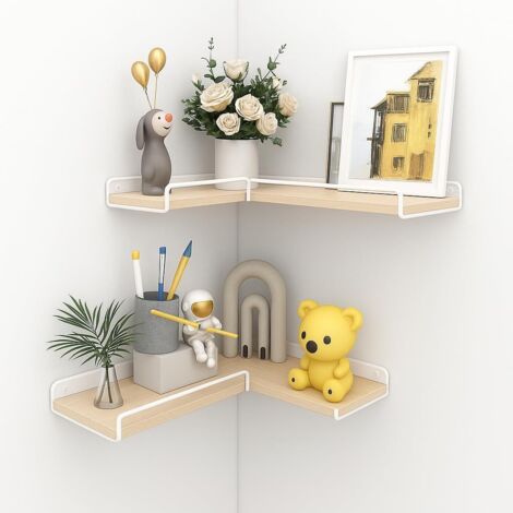 Youyijia Set of 2 Corner Floating Shelves Rustic Wooden Wall-Mounted Shelves for Bathroom Living Room Bedroom Kitchen Home Office Farmhouse Style (Wood)