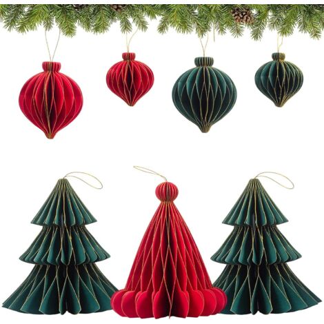 Trintion 7 PCS Vintage Paper Christmas Decorations, Hanging Honeycomb Ornaments 3D Christmas Tree Decor for Xmas Home Indoor Ceiling, Stocking Stuffers (1/5)