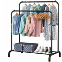 Holdfiturn Clothes Rail Metal Double Pole Clothing Rail for Bedroom 144 110 55cm Hanging Rails Heavy Duty Clothes Rack Coat Rack with Hooks and Shoe Storage Shelf Black