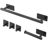 Youyijia 5pcs Towel and Toilet Roll Holder Set Bathroom Accessories Set No Drilling, Self Adhesive Toilet Roll Holder, Towel Rail, Hook (Black)