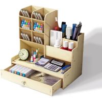 Holdfiturn Wooden Desktop Organizer Large Capacity Office Storage Box Multi Functional Stationery Storage with Drawer for Home Office and School (White Maple)