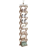 JF HOME BLISS Shoe Rack Foldable Bamboo Freestanding Shoe Organiser for Small Spaces Tall Stand No Assembly Slim Narrow Storage Shelf for Hallway Bedroom Entryway Corner (Brown, 8 Tier - Narrow)