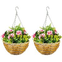 Trintion Set of 2 Artificial Lavender Flowers Hanging Plants With Basket Faux Silk Flowers For Outdoor & Indoor Decor For Patio Balcony Porch Decoration Decorative Baskets (Pink)