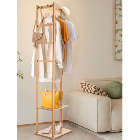 Bamboo Clothing Rack Corner Coat 155CM Rack Stand Hall Trees Free Standing Clothes Hanging Rail Garment Rack with 2 Shelves 3 Hanger Hooks and Pants Hanger for Entryway Bedroom Living Room