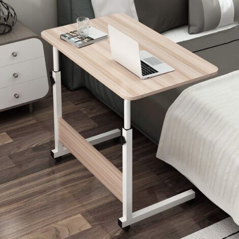 Height Adjustable Mobile Table 40x60-(67-80) cm Height Adjustable Laptop Table Workstation Laptop Overbed Multi Table with Metal Frame & Rolling Castors - Light Wood Color (1/5)