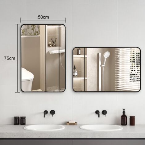Rectangle Mirror with Black Aluminum Frame, HD Glass Wall-Mounted Mirror with Curved Corners for Bathroom, Living Room, and Hallway, Vertical or Horizontal Hanging Wall Decor 75x50cm