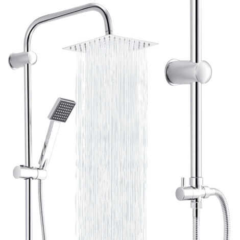 Shower Riser Kit With Twin Head Set - Square Mixer, Handheld and 8" Overhead Adjustable Rainfall Shower - Chrome Plated Kit (Round)