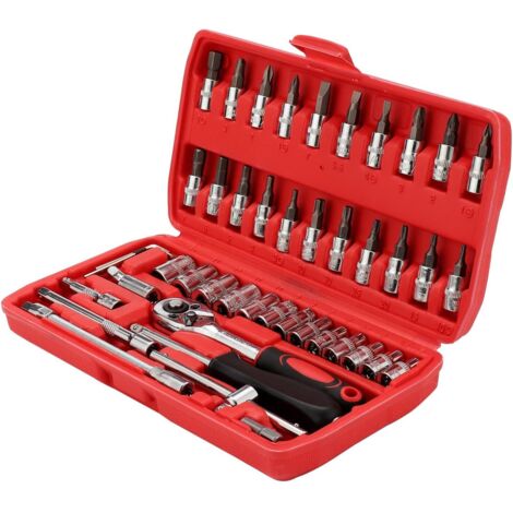 Socket Wrench Set, 46pcs 1/4" Drive Ratchet Wrench with Tool Box, 4-14mm Cr-V Socket Wrench, Screwdriver Bits, Extension Bars for Home