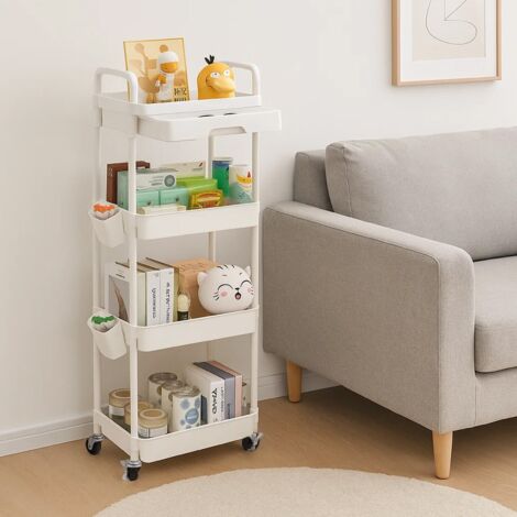 Beauty Trolley on Wheels - 3-Tier White Storage Trolley with Drawer- Kitchen Storage with Lockable Wheels Plastic + Stainless Steel Mobile Organiser for Bathroom Office, 76x40x30cm (1/5)