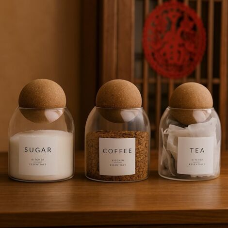 Tea Coffee Sugar Canisters Set of 3 Spice Jars with Cork Ball Lids 500ml Glass Jars Modern Kitchen Food Containers