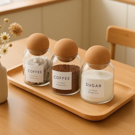 Tea Coffee Sugar Canisters Set of 3 Spice Jars with Cork Ball Lids ...