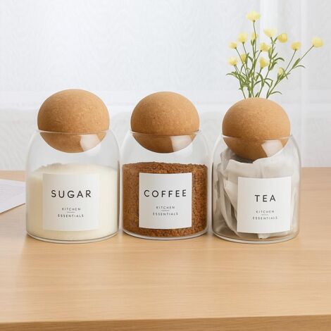 Tea Coffee Sugar Canisters Set of 3 Spice Jars with Cork Ball Lids ...