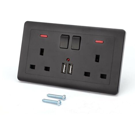 Double Switched Double Wall Plug Socket Switch Tablet with 2 Charger USB Ports 2 Sets of 13A Power Sockets Fireproof Charging Panel for Home Office (Black)