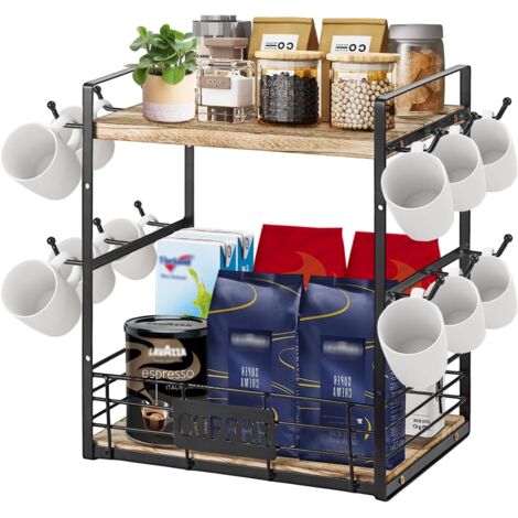 2-Tier Coffee Bar Organizer with 12 Mug Hooks – Countertop Coffee Station Rack, Multi-Functional Cup and Mug Holder for Kitchen, Coffee Bar, Home & Office Storage Display Shelf