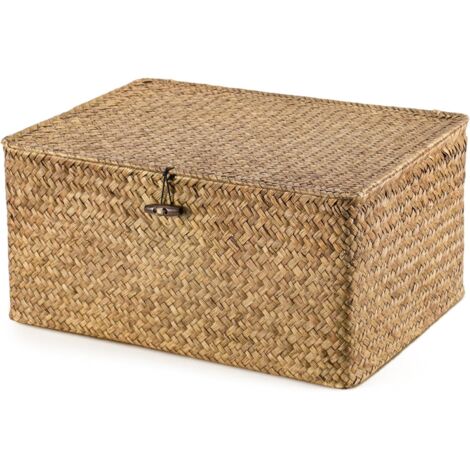 BLUE BAZAAR Storage Boxes with Lids 40x28x19cm Seagrass Storage Basket with Lid Woven Wicker Desktop Basket Gift Hamper Basket for Living Room Decorative Bathroom (Brown, 1PCS)