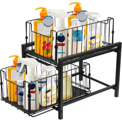 Under Sink Storage 2-Tier Pull-Out Sliding Basket Cupboard Storage Organiser Detachable Metal Organizer for Kitchen Storages & Bathroom Cupboard (Black) (1/5)