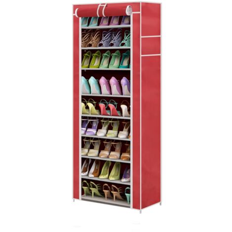 10 Tier Shoe Rack Storage Cabinet Dustproof Shoes Cabinet Storage Organiser Shoe Rack Stand Holds 27 Pairs (Deep Red) (1/5)