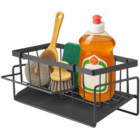 Sink Caddy 23x9.5x10CM Kitchen Storage Accessories Sink Organiser with Sponge Holder with Dishcloth Hanger Self-Draining Tray for Kitchen Countertop Bathroom Grey