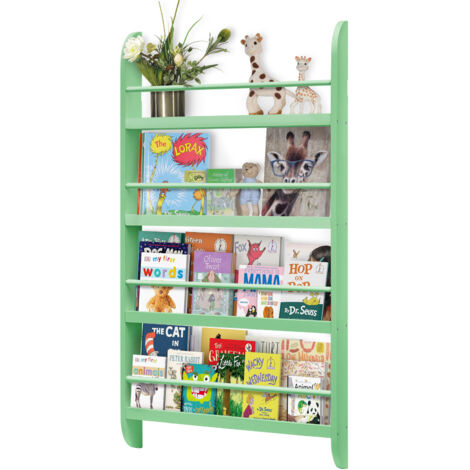 Kids Bookshelf 4 Tier Wall Mounted Book Shelf Display Rack Wooden Book Organizer Behind Door for Children's Bedroom Nursery Playroom (Green)