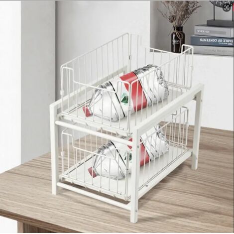 Under Sink Storage 2-Tier Pull-Out Sliding Basket Cupboard Storage Organiser Detachable Metal Organizer for Kitchen Storages & Bathroom Cupboard (White) (1/4)