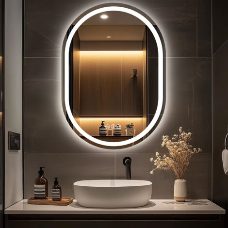 Bathroom Mirror with LED Lights, 500 x 700 mm Oval LED bathroom mirrors with Display, Anti-Fog, 3500K-6500K, Dimmable, Backlit Wall Mounted Mirror, IP54 Waterproof