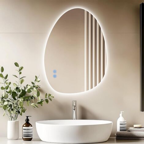 Led Bathroom Mirror, 60X45 cm Asymmetrical Bathroom Mirrors With Touch Switch, 3 Colors Dimmable Light, Anti-Fog, Wall Mounted Smart Frameless Mirror, IP54