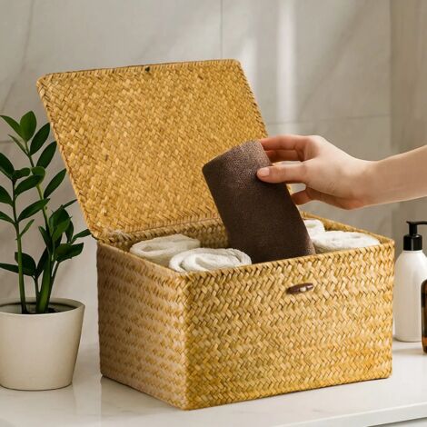 40x28x19cm Seagrass Storage Hamper with Lid – Woven Wicker Desktop Basket