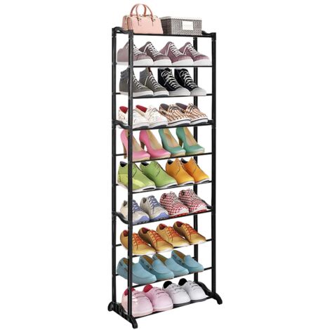 10 Tier Shoe Rack Stand Storage Organiser Standing Compact Space Saving Shelf Racking for Living Room Bedroom Black (1/5)