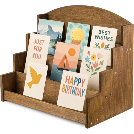 Greeting Card Display Stand Holder Rack Organizer,4 Tier Wooden Multifunctional Card Display Stand, for Postcards, Stickers, Retail Stores, Brown (1/5)