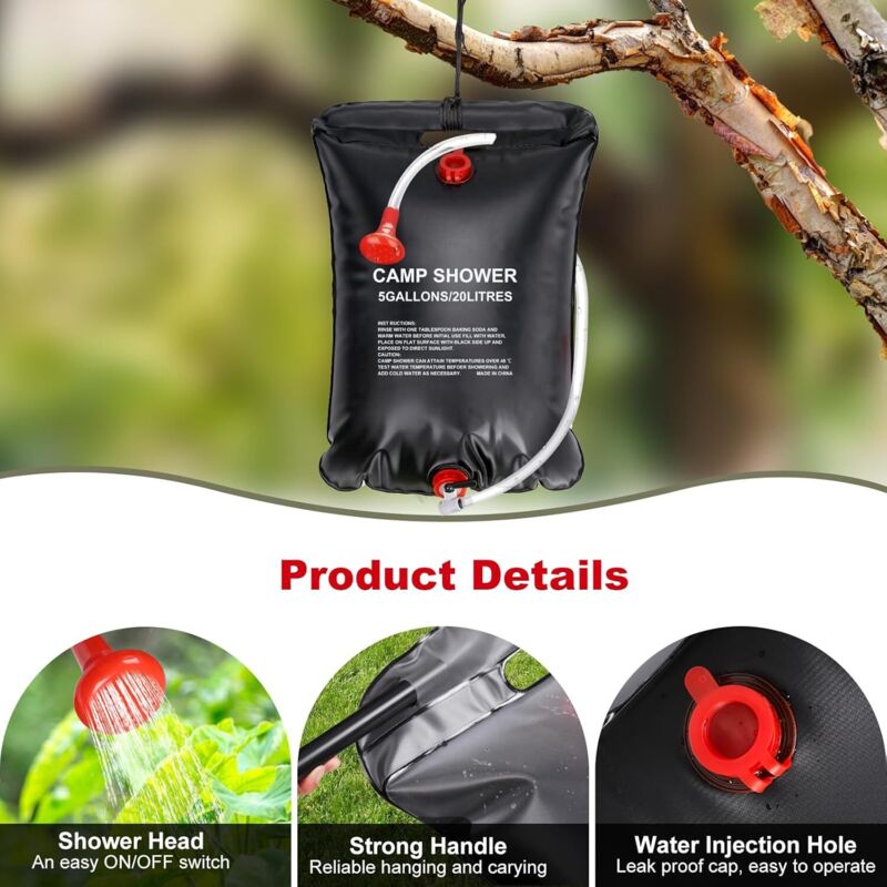 Sac De Douche Solaire Portable 20L - Pour Camping, Randonnée, Avec Pommeau Réglable Et Tuyau