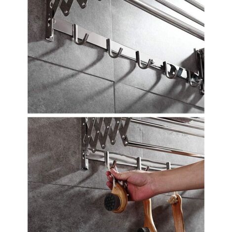 Étendoir à Linge Mural Pliable 3 Parties - Longueur 125 Cm, Aluminium, Fixation Colle Ou Vis - Pour Salle De Bain, Balcon - 2