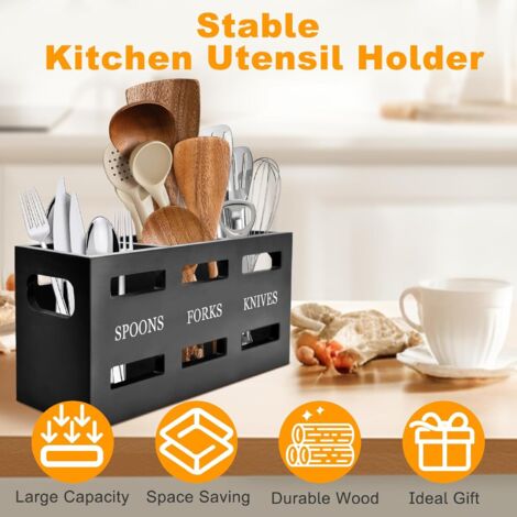 Porte-Ustensiles De Cuisine En Bois Avec 3 Compartiments - Noir - Poignée Et Patins Antidérapants - Rangement Cuillères, Fourchettes, Couteaux