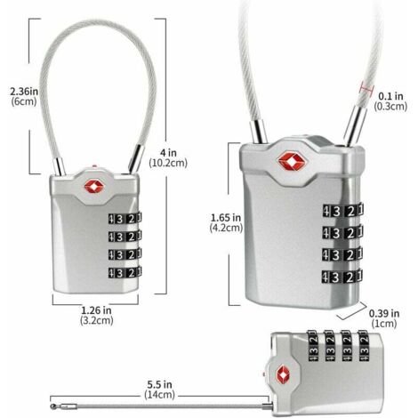 Code 4 Chiffres Cadenas Bagage pour Valise Voyage Cadenas Casier Collège avec Fonction d'alerte Bagages Ouverts et Cable en Acier (Argent)-1 article (1/4)
