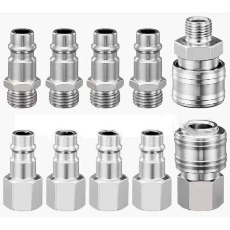 Kit de 10 raccords rapides pneumatiques pour compresseur, 1/4" BSP, raccord rapide, raccord d'air, tuyau, connecteur d'air comprimé, mâle et femelle (1/2)