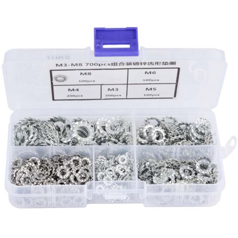 Jeu de 700 rondelles frein dentées galvanisées plates, outil de fixation M3/M4/M5/M6/M8 (1/5)