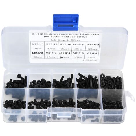 300 vis à tête hexagonale creuse M2,5 x 3-20 mm en acier allié noir de classe 12.9 avec écrou (1/5)