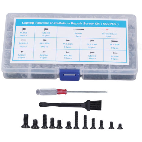 Kit de 600 vis à tête plate en acier au carbone M2, M2.5 et M3 pour ordinateur, avec tournevis à brosse. (1/5)