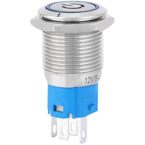 Anneau à bouton-poussoir métallique plat rond à LED bleue avec réarmement automatique et symbole d'alimentation 16 mm (12 V) (1/5)
