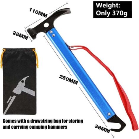 Marteau De Camping Multifonction En Aluminium, Extracteur De Piquets, Pour Tente, Bâche, Auvent, Avec Crochet Et Cordon, Léger 380g, Couleur Or