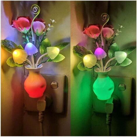 Lot de 2 veilleuses LED à brancher avec capteur automatique du crépuscule à l'aube, lampe à économie d'énergie 0,5 W Dream Nightlight Rose Flower Champignon Veilleuses (1/4)