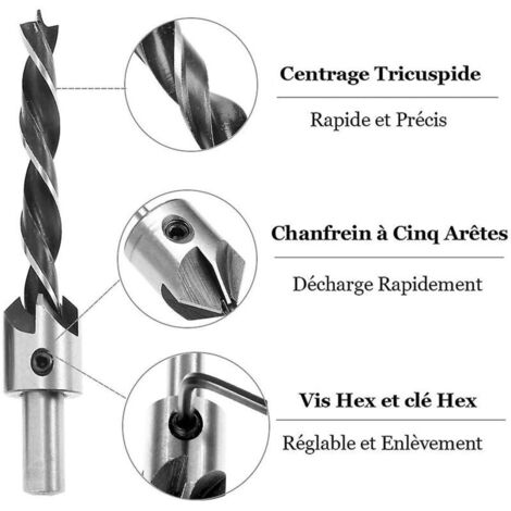 Set De 7 Forets Fraisés HSS Pour Bois & Alu - Avec Fraise Conique Et Clé Hexagonale