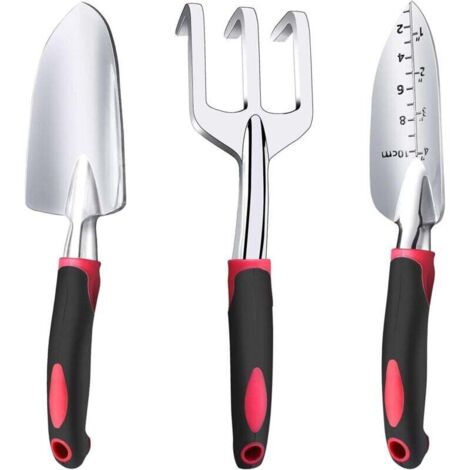 Kit de jardinage lourd en aluminium de 3 pièces comprenant une pelle à main, une pelle de transplantation et un râteau à main avec poignée antidérapante en caoutchouc souple (1/3)